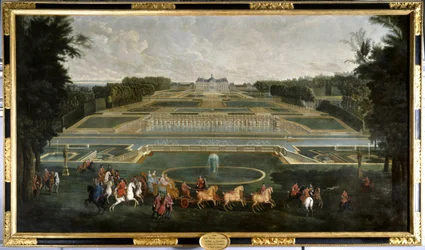Marie Lescszinska, reine de France (1703-1768) dans les jardins du château de Vaux Le Vicomte. Peinture de Jean Baptiste Martin (1659-1735) 1728