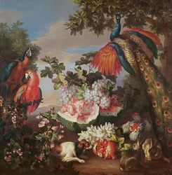Fruits et oiseaux exotiques dans un paysage