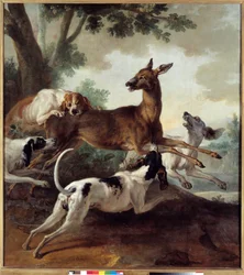 Cerf poursuivi par des chiens. Scène de chasse. Peinture de Jean-Baptiste Oudry (1686-1755)
