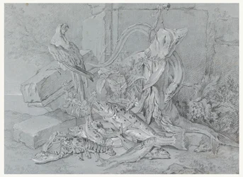 Nature morte avec poisson et perroquet