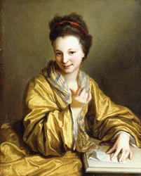 Une Jeune Dame, portant une Robe Jaune, assise à une Table, Faisant Signe