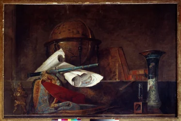 Allégorie de la science Nature morte, globe, cartes géographiques, livres et vase