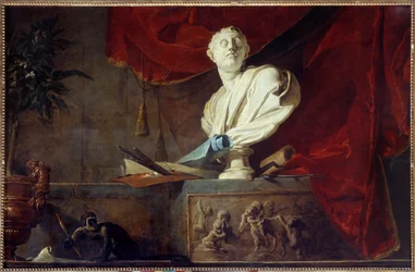 Allégorie des Arts Nature morte avec buste sculpté, palette et pinceaux, toile, rouleau. Peinture par Jean Baptiste Simeon Chardin 18ème siècle Paris, Musée Jacquemart André