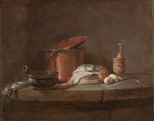 Ustensiles de cuisine avec poireaux, poissons et œufs, vers 1734