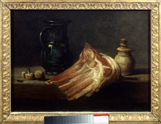 Table de cuisine et ustensiles avec un carré de mouton. Peinture de Jean Baptiste Simeon Chardin