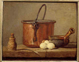 Ustensiles de cuisine, chaudron, poêlon et œufs. Peinture de Jean-Baptiste Siméon Chardin (1699-1779) 18ème siècle