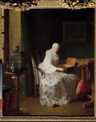 La serinette ou dame variant ses amusements Peinture de Jean Baptiste Siméon Chardin (1699-1779) XVIIIe siècle Dim. 0,50 x 0,43 m