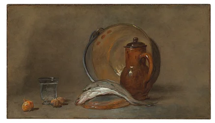 Nature morte avec poisson et pot en cuivre