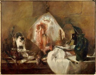 Nature morte à la raie, aux poissons, aux huîtres et à la cruche. Peinture de Jean-Baptiste Siméon Chardin (1699-1779), 1727. 1,14 x 1,46 m. Paris, musée du Louvre