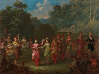 Hommes et femmes grecs dansant le khorra