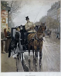Femme élégante dans une calèche à Paris: « Nous revenons » - illustration de Jean Béraud (1849 - 1935), fin du XIXe siècle.