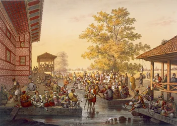 Scène de loisirs à Pinarbasi, un quartier de Bursa. Un conteur divertit le public, de Souvenirs de Constantinople, pub. 1845