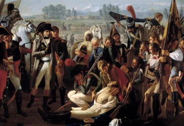 Mort du général Charles Antoine Desaix de Veygoux (1768-1800) à la bataille de Marengo le 14/06/1800 sous les yeux de Napoléon Bonaparte (1769-1821). Détail. Peinture de Jean Broc (1771-1850)