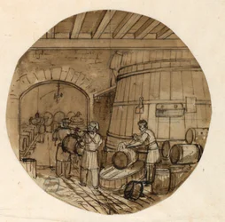 Conception pour une assiette en porcelaine, intérieur de brasserie pour le service des arts industriels de Sèvres