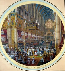 Le sacre de Charles X (1757-1836) dans la cathédrale de Reims le 28/05/1825. Peinture à l