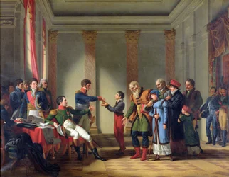 Napoléon Bonaparte (1769-1821) donnant une pension de cent napoléons au Polonais Nerecki, âgé de 117 ans, janvier 1807, 1812