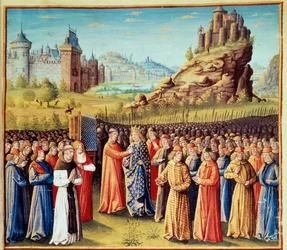 Deuxième croisade : le roi Louis VII dit le Jeune prenant la croix à Vézelay en présence de Saint Bernard de Clairvaux et de l