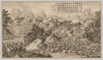 Bataille à Heshi Kuluke : des scènes de bataille de la répression des rébellions dans les régions occidentales, avec des poèmes impériaux