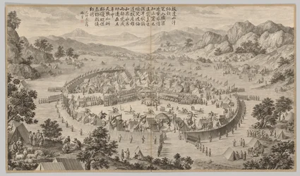 Le Khan de Bada Shan présentant un tribut : des scènes de bataille de la répression des rébellions, c. 1765-177