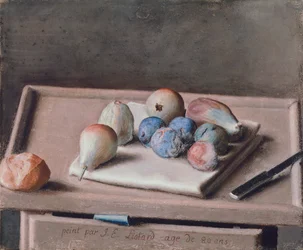 Nature morte avec poires, figues, pruneaux, petit pain et couteau sur table
