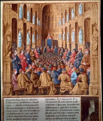 Le pape Urbain II (1042-1099) prêchant la première croisade au concile de Clermont, France, unissant chevaliers, noblesse et cardinaux
