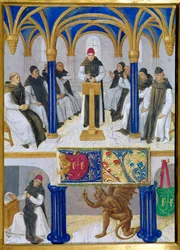 Représentation de Saint Bernard de Clairvaux (San Bernardo di Chiaravalle) (1090-1153) enseigné et tenté par le diable. Miniature tirée de « Le Livre d