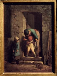 Précaution maternelle. Une mère fait uriner son fils devant une porte. Peinture de Jean-François Millet