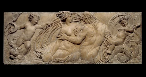 Nymphe et petit génie chevauchant un cheval marin ; Nymphe et Triton entourés de deux petits génies. Bas-relief. Sculpture en pierre par Jean Goujon (1510-1567)