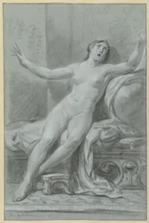 Femme nue assise, bras levés