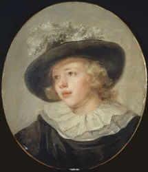 Attribué à Fragonard - Portrait de jeune garçon avec un chapeau à plumes, Vers 1785