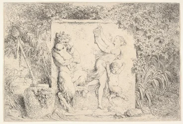 Un bas-relief représentant un satyre à gauche tenant deux nourrissons, un autre enfant satyre à droite..., 1763