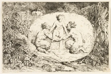 Nymphe assise sur les mains de deux satyres, extrait des Bacchanales ou jeux de satyres