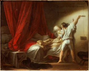 Le verrou de la scène romantique représentant un jeune homme empêchant sa maîtresse, au lit, de quitter la chambre. Peinture de Jean-Honoré Fragonard (1732-1806), XVIIIe siècle. Dimensions 0,73 x 0,93 m.