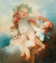 Trois putti couronnés de fleurs