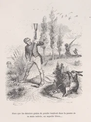 Alors que les derniers grains de poudre tombent dans la paume de sa main noircie, un superbe lièvre... fr..., 1843.