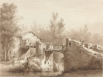 Route de campagne traversant un ancien pont