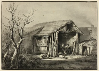 Un paysan assis dans une cabane