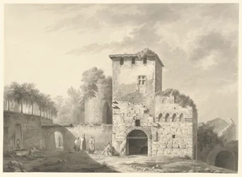 Paysage avec des gens parmi les ruines