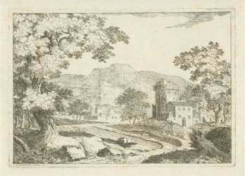 Paysage fluvial avec maisons et tours
