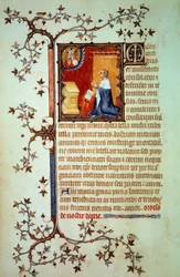 Le duc Jean Ier de Berry (1340-1416) prie devant Dieu qui le bénit. Miniature du manuscrit (Ms. lat. 18014) « Les Petites Heures de Jean de Berry », enluminé par Jean le Noir, vers 1375. Paris, B.N.
