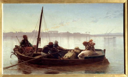 Prisonnier transporté par bateau par des marins égyptiens sur le Nil