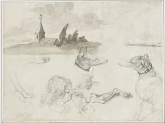Feuille de croquis : Greyhounds ; Tête de mâle et de femelle en