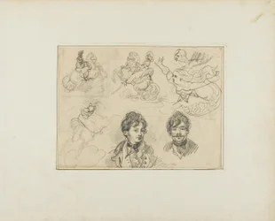 Feuille de croquis : Cavaliers, sirènes et deux portraits de jeunes hommes