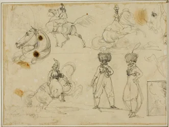 Feuille de croquis : Soldats, chevaux et paysage