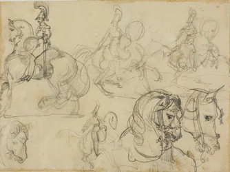 Croquis de carabiniers montés et de têtes de chevaux