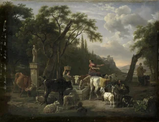 Paysage italien avec bergers et animaux à une fontaine