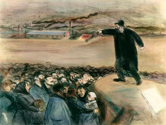 Un agitateur devant les ouvriers. Un dirigeant du mouvement ouvrier revendique dans un discours les droits des travailleurs. XXe siècle. Collection particulière