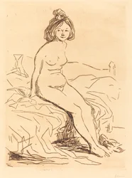 Femme nue, assise sur son lit, vue de face