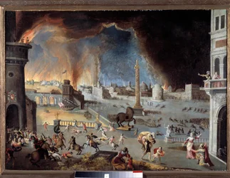 La prise de Troie - Scène de la guerre de Troie, la ville est dévastée par les Grecs qui y pénétrèrent grâce au cheval. Peinture de Jean Maublanc (1582-1628). XVIIe siècle. Besançon, musée des Beaux-Arts - La chute de Troie - Scène de la guerre de Troie