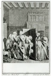 Le Baron... salua Candide avec quelques coups de pied notables sur le derrière et le chassa dehors, illustration du chapitre 1 de Candide par François Voltaire, gravé par Louis Michel Halbou